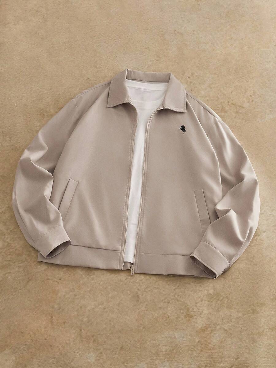 HIMLAND 男士休闲梭织马术刺绣翻领落肩夹克米色夹克男士夏季夹克男士街头时尚夹克裸色夹克男士拉链夹克，复古款，秋季，冬季 - 卡其色 - 查看 1