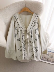 CosyJoli 大尺碼女款刺繡開襟衫，白色優雅休閒單身派對婚禮賓客外套，長袖繫帶前襟上衣外套，秋季款 - 杏色 - 查看 4