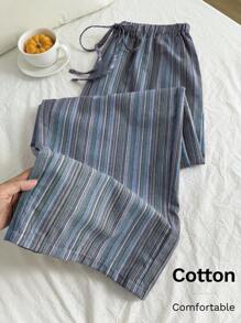 Comfortcana Quần dài cỡ lớn thoải mái, thường ngày, chất liệu cotton lanh, họa tiết sọc, có dây rút ở eo - Màu xanh lam - Xem 1