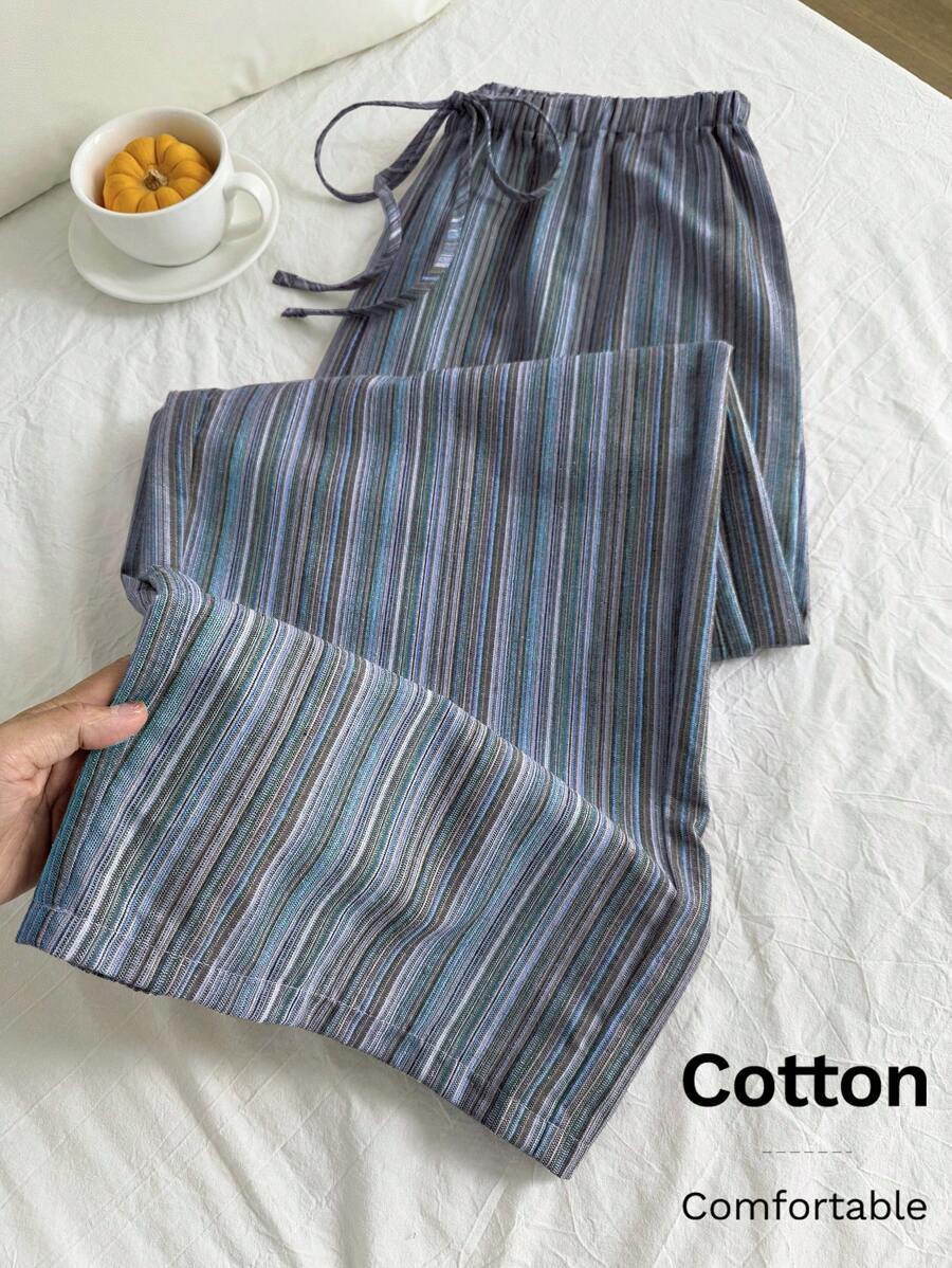 Comfortcana Quần dài cỡ lớn thoải mái, thường ngày, chất liệu cotton lanh, họa tiết sọc, có dây rút ở eo - Màu xanh lam - Xem 1