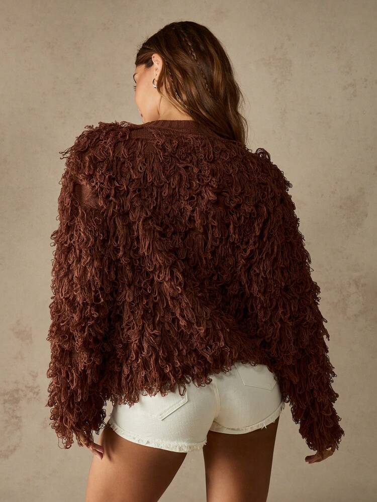 MISSGUIDED Sweter z dzianiny Shaggy Loop z guzikami z przodu, przytulny, jesienny, zimowy, w stylu boho, gruby, oversize, teksturowany, z długim rękawem, kurtka, swobodny, warstwowy