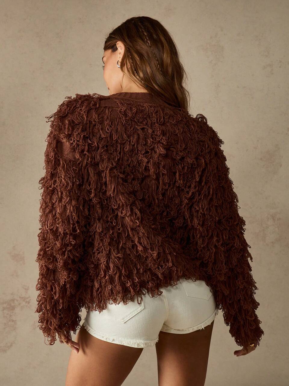 MISSGUIDED Shaggy Loop Knit Cardigan Button Front Cozy Fall Winter Bohemian Chunky Oversized Textured Fuzzy Long Sleeve Sweater Jacket Casual Layering
