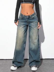 WOMEN WIDE LEG LOW WAIST DENIM JEANS Baggy Jeans Y2k Oversized Jeans Low Rise Jeans Loose Jeans Wide Leg Jeans Y2k Jeans Low Rise Jeans Y2k - Medium Wash - View 3
