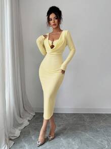 Elenzga Women's Elegant Solid Color Draped Neck Fitted Mid-Length Dress Fall Cloth For Women - Yellow - View 7