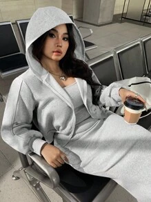 SHEIN EZwear 2 件套纯色落肩拉链连帽衫和吊带裙休闲大码套装 - 灰色 - 查看 9