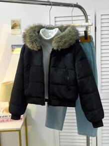 معطف قصير كاجوال عصري مبطن دافئ للفتيات المراهقات مع تصميم بسيط وياقة فرائية