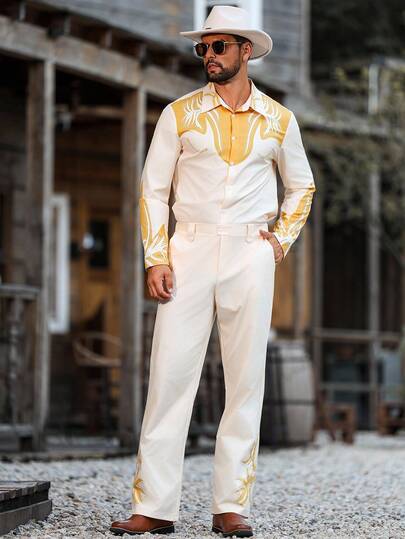 Manfinity Nomadique 男士直筒复古休闲喇叭裤和衬衫套装男士西部衬衫和裤子男士奶油色两件套服装，秋季服装