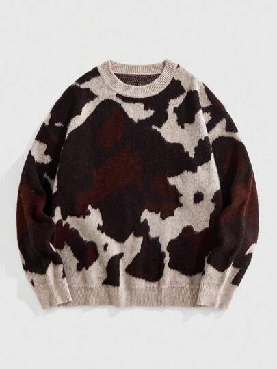 Street Life كنزة صوفية بطبعة بقرة مطرزة بياقة طاقم للرجال