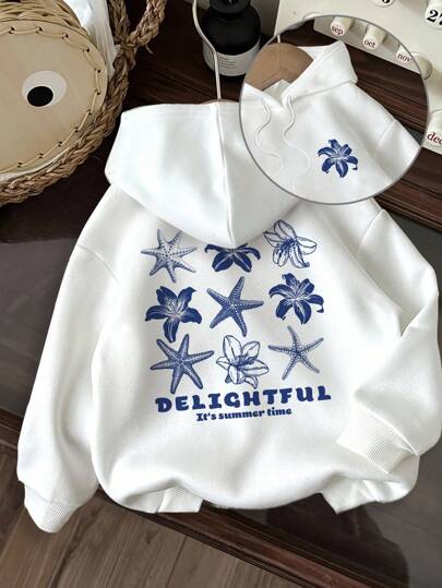 Attitoon Sudadera con capucha de ajuste holgado, de manga larga, impresa con diseños minimalistas casuales, gruesa, adecuada para vacaciones, otoño/invierno, con estampado de flor de hibisco y estrella de mar