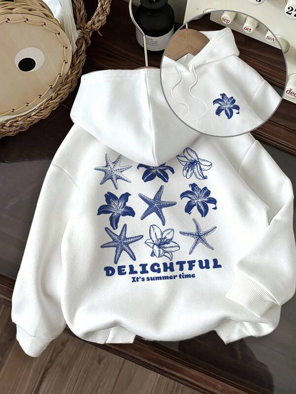 Attitoon Casual Minimalist Printed Hooded Long Sleeve Loose Fit Thick Hoodie Sweatshirt For Women, Suitable For Vacation, Autumn/Winter, Hibiscus Flower Print, Starfish Print