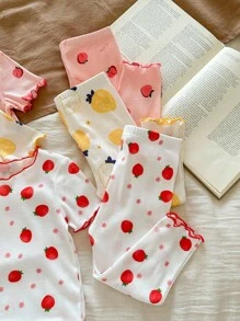 SHEIN LMoss Kids 女婴可爱舒适水果印花上衣和裤子睡衣套装，夏季 - 彩色 - 查看 6