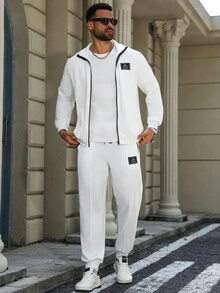 Manfinity Homme Conjunto de chándal informal de talla grande para hombres con sudadera con cremallera y parche de letras, y pantalones, ropa de otoño - Blanco - Ver 3