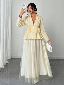 Elenzga Damen Große Größen Elegantes Lässig Figurbetontes 3D Blumen Top & drapierter Rock 2 Stücke Set - Gelb - Übersicht 5