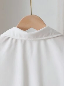 Tween Girl Korean Style V-Neck Pleated Long Sleeve Waist Shirt, Stylish & Versatile, Suitable For Commuting, Vacation, Spring & Autumn - White - View 5