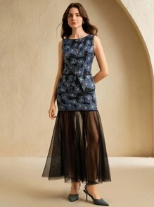 Anewsta Set de 2 piezas con top sin mangas con estampado floral jacquard elegante y falda de malla negra con cola de pez para mujer - Negro - Ver 5