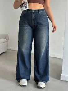 EURMUSE Damskie jeansy z wysokim stanem i szerokimi nogawkami, plus size, w stylu spranym i retro, z kieszeniami - Średni jeans - Zobacz 3