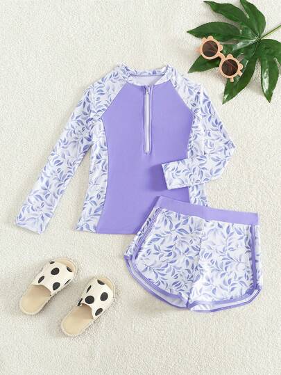 Traje de baño de manga larga con cremallera y shorts de natación para niña preadolescente, diseño patchwork impreso