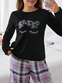 EURMUSE 加字母和格子印花长袖上衣配裤子睡衣套装睡衣套装 - 黑色 - 查看 1
