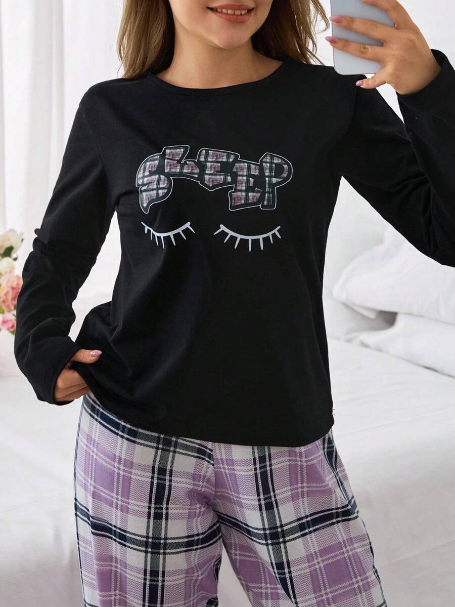 EURMUSE 加字母和格子印花长袖上衣配裤子睡衣套装睡衣套装 - 黑色 - 查看 1