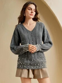 Anewsta Elegant V-Neck Pearl Design Loose Fit Long Knitted Sweater, Suitable For Autumn, Fall, Winter, Going Out, Elegant, Formal, Chic, New Year, Christmas, Graduation, Casual