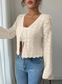 Elenzga 女士优雅纯色系带镂空针织开衫 - 杏色 - 查看 6