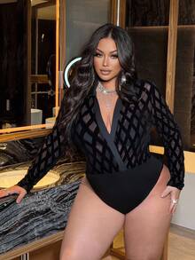 NU&NOW Plus Size Sexy Sheer Mesh Patchwork Turtleneck Long Sleeve Bodysuit, Suitable For Dates, Parties Fall Cloth For WomenValentine's Day - Black - View 6