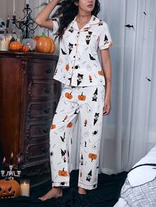 SHEIN Conjunto de Pijama de Bolso com Estampa de Abóbora e Fantasma de Halloween para Mulheres - Branco - Visão 4
