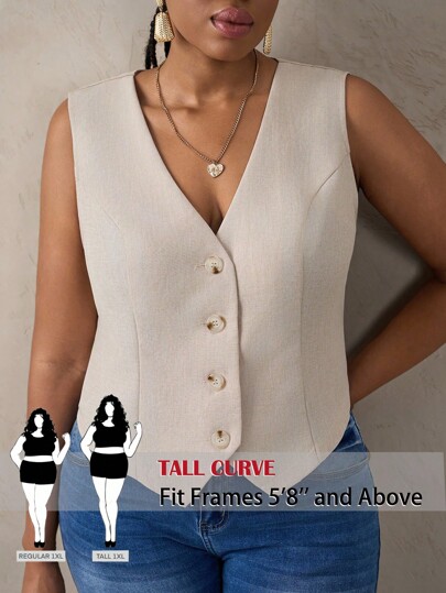 SHEIN Tall CURVE Plus Size Women's New Apricot Woven Thin Blazer Women Sweater Vests Fall Tops For Women Classy Tops For Women Vests For Women Tall Women Vests