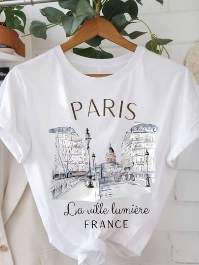 EMERY ROSE Women's Short Sleeve Paris Print Casual T-Shirt, Summer & Spring Top PARIS Graphic Tees Women Tops