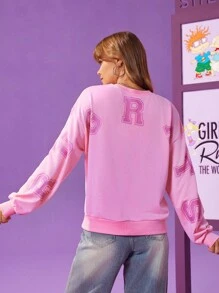 Nick 90s | SHEIN Women's Cartoon Figure Graphic Crew Neck Long Sleeve Pullover Sweatshirt - Baby Pink - View 5