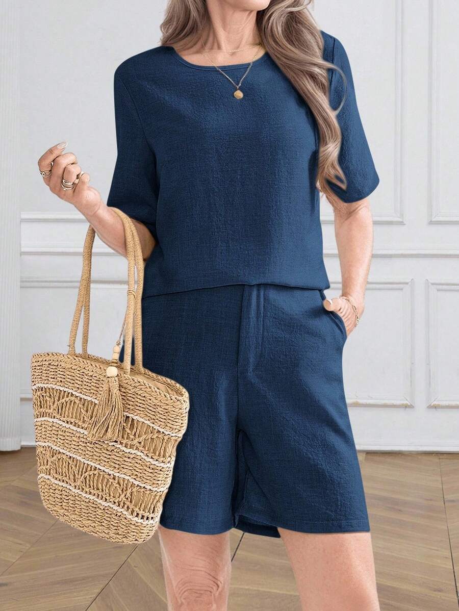 Miaspire 2pcs Women Casual Crew Neck Short Sleeve Top And Knee Length Shorts With Side Pockets Set, Suitable For Spring & Summer