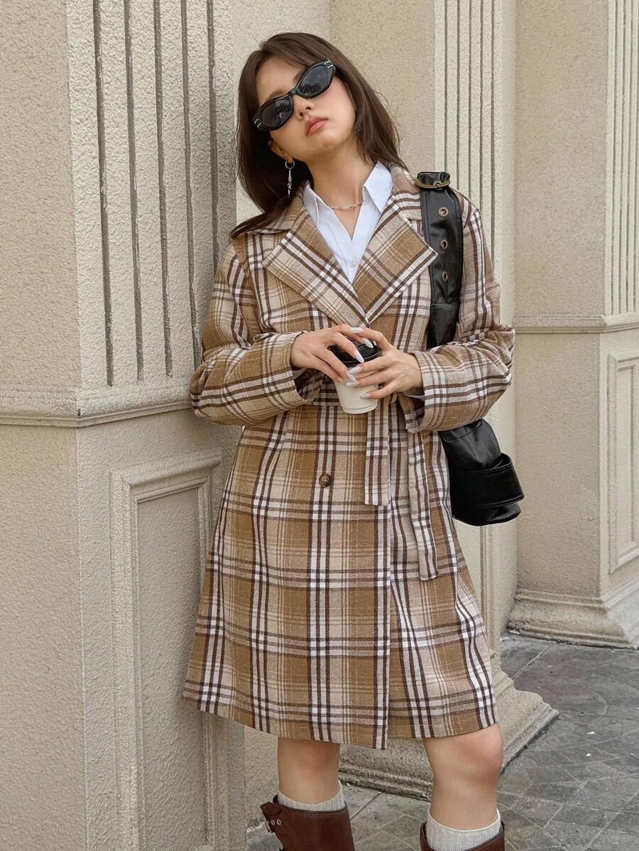SHEIN Teen Girls' Fashionable Plaid Print Double-Breasted Waist Belt Coat Fall Winter
