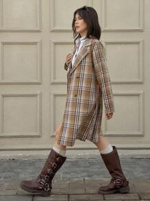 SHEIN Teen Girls' Fashionable Plaid Print Double-Breasted Waist Belt Coat Fall Winter