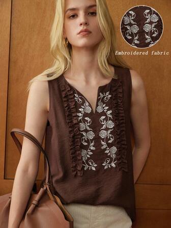 Écloséra French Style Temperament Top Retro Coffee Color Embroidery Lace Ruffle Sleeveless Autumn Women's Top Autumn Top Teacher Outfits For Women Fall Tops Autumn Clothes Teacher Shirts Teacher Clothes Maillard Style Summer Brown