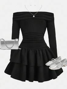 Girlism Tween Girls Ruffled Bubble Dress, Ruffle Hem, Off-Shoulder Black Mini Dress, Suitable For Autumn Fall Winter - Black - View 1