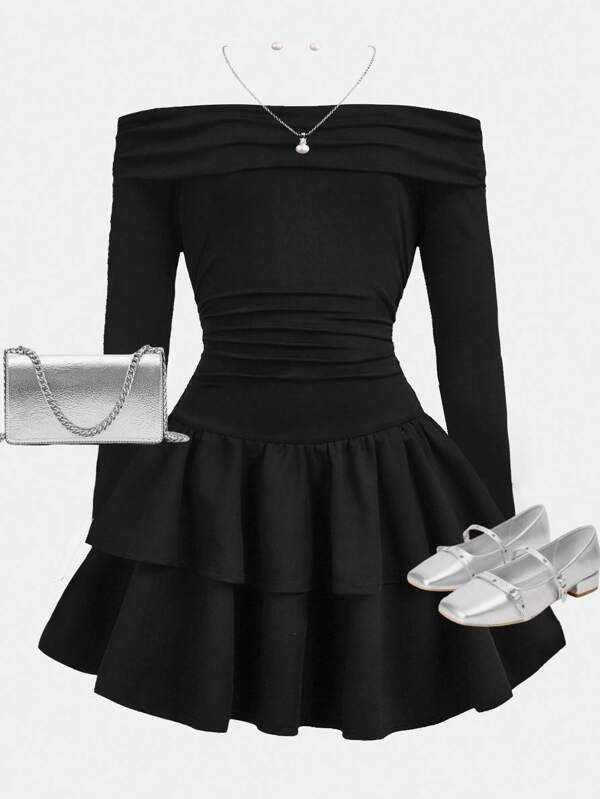 Girlism Vestido de burbuja con volantes para niñas preadolescentes, dobladillo con volantes, vestido negro mini hombros descubiertos, adecuado para otoño