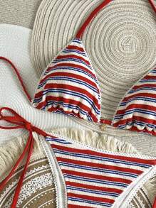 Swim Vcay Women's 2-Piece Textured Fabric Halter Neck Lace Trim Shell Decor Bikini Set Set, Sexy & Minimalist, Summer Beach Wear - Multicolor - View 7