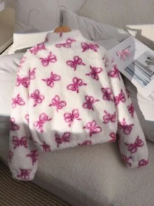 SHEIN Girls' Jacket Coat, Cute Bow & Faux Fur Zipper Jacket, Suitable For Winter, Everyday, School, Travel And Outdoor Wear Fall