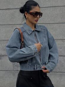 DAZY Vintage Washed Denim Short Jacket, Fitted Design For Women - Medium Wash - View 1