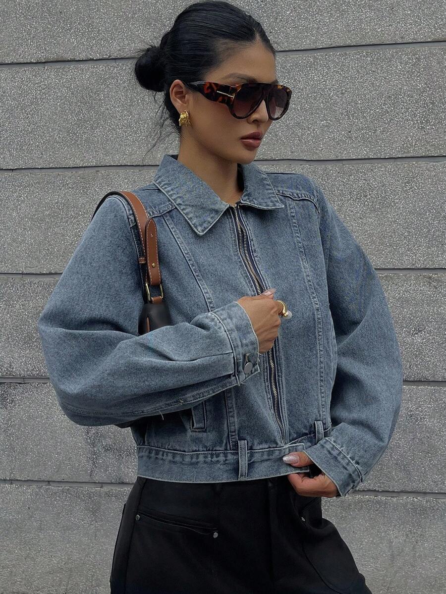 DAZY Vintage Washed Denim Short Jacket, Fitted Design For Women - Medium Wash - View 1