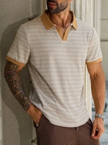 Manfinity Homme Men's Summer Jacquard Knit Polo Shirt, Textured Jacquard Fabric, Suitable For Daily Outings, Gatherings With Friends, And Casual Weekends, Best-Selling Versatile Item On INS Men Patterned Polo Shirt Men Geometric Print Shirt Men V-Neck Polo Shirt Men Summer Polo Shirt - Apricot - View 1