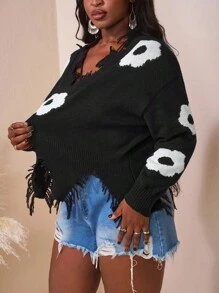SHEIN CURVE+ Plus Size Floral Pattern Pullover Sweater, Halloween Sweater, Autumn/Winter/Autumn /Winter - Black - View 3