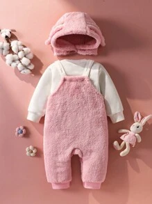 SHEIN 2 件套女婴秋冬装，白色长袖 T 恤和可爱兔子连体衣，配围兜和帽子 - 粉色 - 查看 2