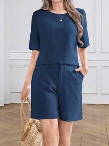 Miaspire 2pcs Women Casual Crew Neck Short Sleeve Top And Knee Length Shorts With Side Pockets Set, Suitable For Spring & Summer