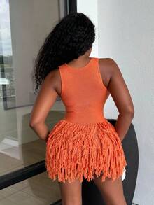 Alexandranx Women's Summer Fashion Solid Color Tassel Hem Knit Dress - Orange - View 2