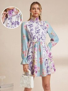 Amorya 女士优雅高领花卉印花收腰修身长袖A字短裙，秋季 - 彩色 - 查看 8
