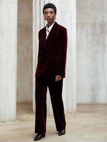 Aveloria Modichic 女士商务休闲天鹅绒双排扣西装外套和阔腿裤套装 - 酒紅色 - 查看 5