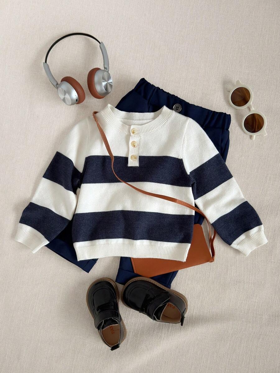 PrepCrw Baby Boys' Collegiate Style Blue & White Striped Crew Neck Long Sleeve Knitted Sweater Baby Boy Jumper Striped Sweater,In Fall/Winter - Blue and White - View 1