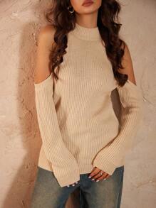 Chiquease Halloween Clothes Fall Women Clothes Women's Fashionable Solid Color Minimalist Ribbed Knit Cold Shoulder Sweater Knit Pullover Fall Winter - Apricot - View 1