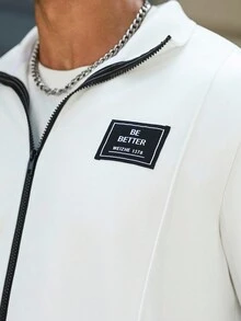 Manfinity Homme Conjunto de chándal informal de talla grande para hombres con sudadera con cremallera y parche de letras, y pantalones, ropa de otoño - Blanco - Ver 5